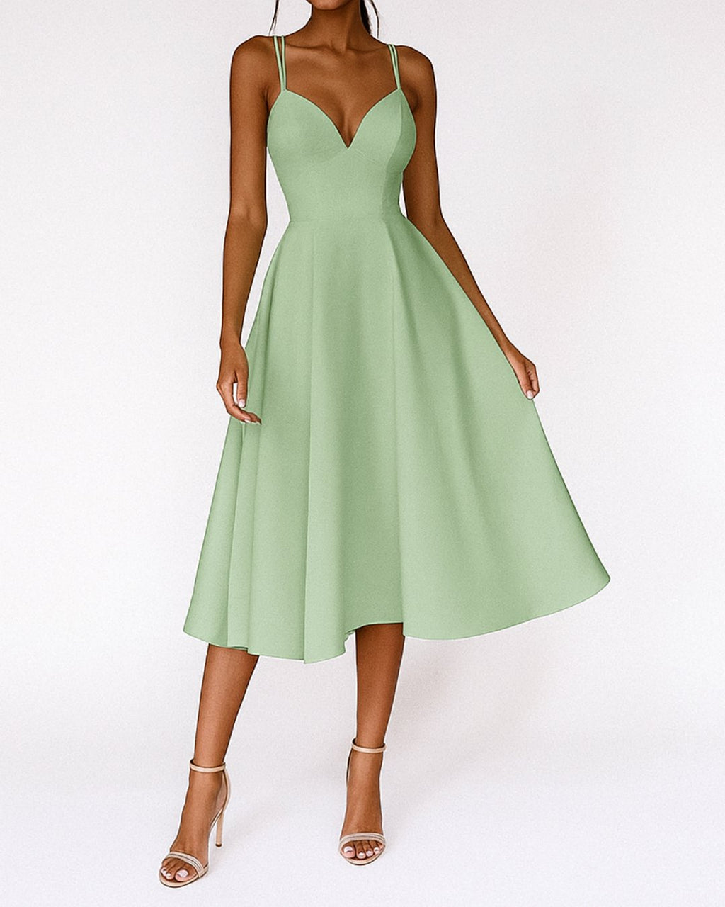 Women's Spaghetti Strap V-Neck Midi Dress - Groen