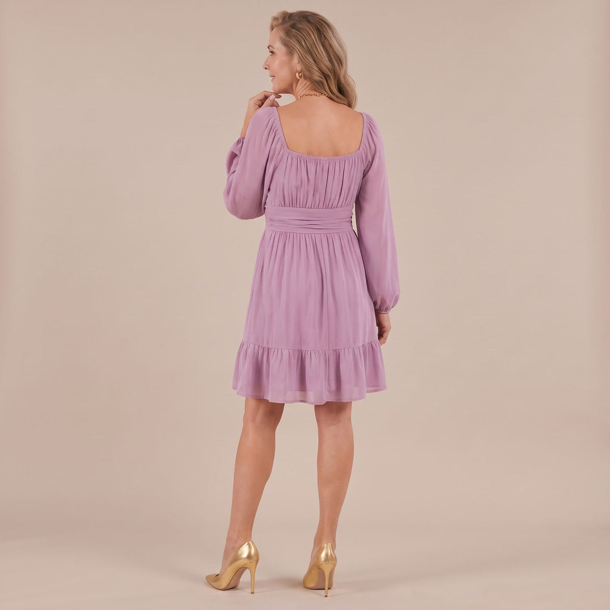 Women's Square-Neck Long Sleeve Ruffle-Hem Knee-Length Dress