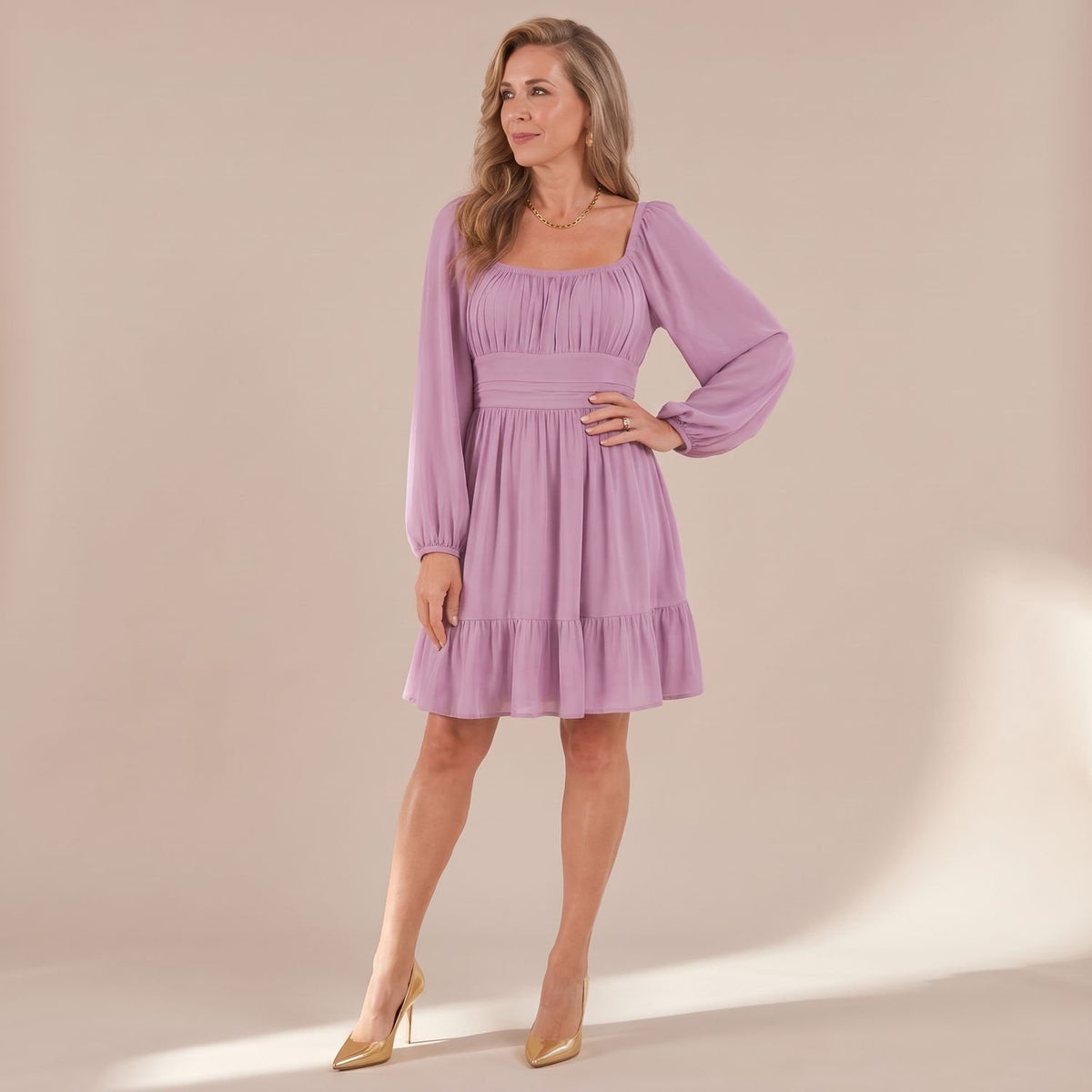 Women's Square-Neck Long Sleeve Ruffle-Hem Knee-Length Dress