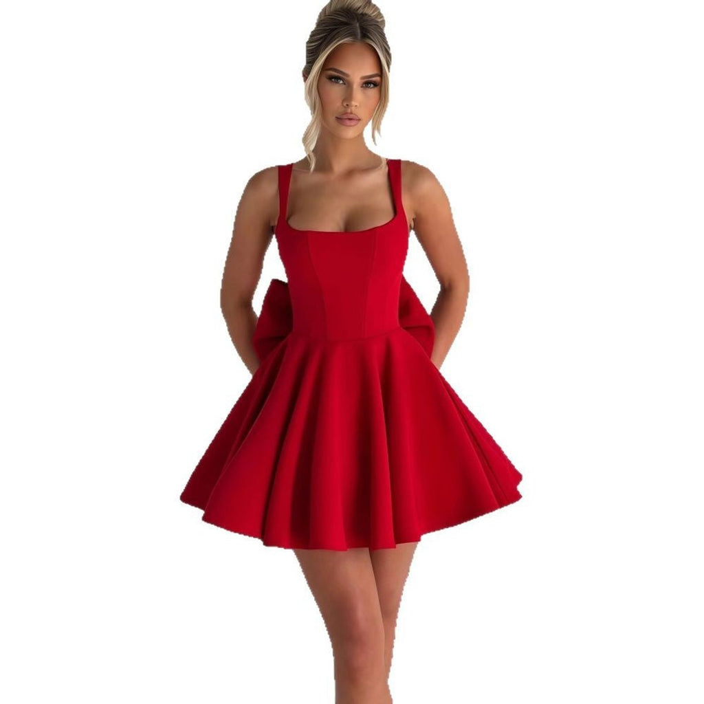 Women's Square-Neck Oversized Bow A-Line Cocktail Dress