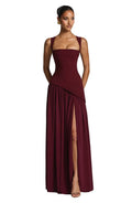 Women's Square Neck Sleeveless A-Line Mother of the Bride Dress - Burgundy