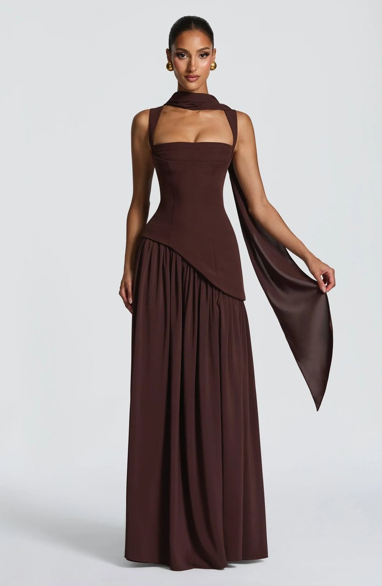 Women's Square Neck Sleeveless A-Line Mother of the Bride Dress - Brown