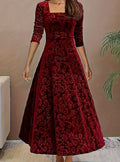 Women's Square Neck Velvet Floral Embossed A-Line Party Dress - Dark Red