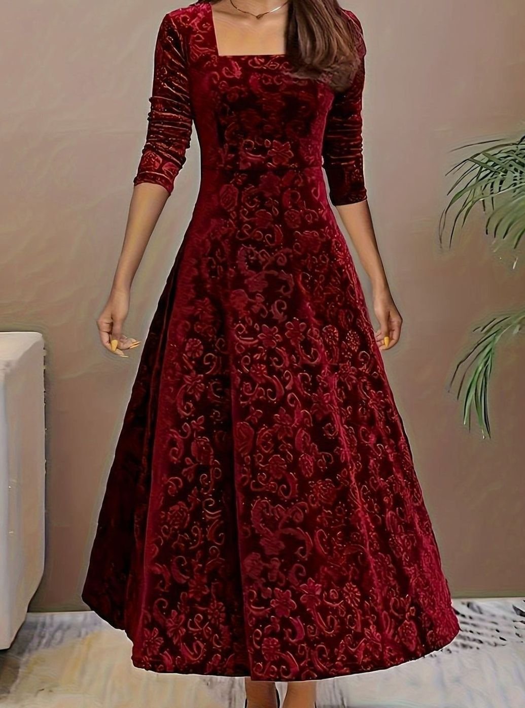 Women's Square Neck Velvet Floral Embossed A-Line Party Dress - Dark Red