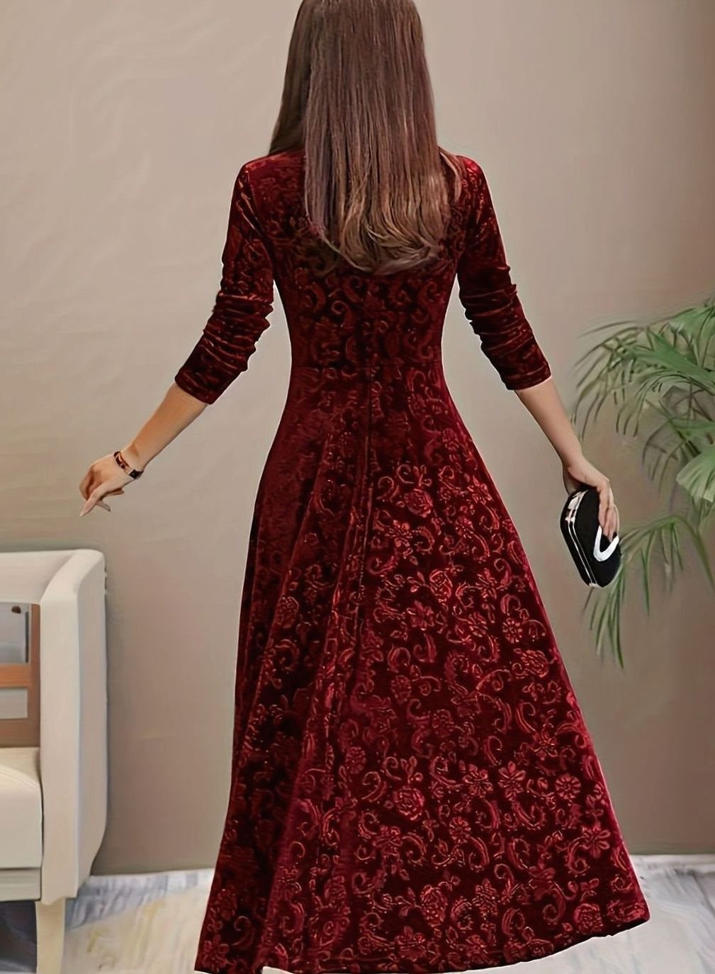 Women's Square Neck Velvet Floral Embossed A-Line Party Dress