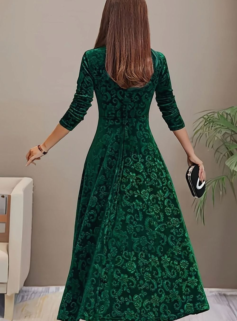 Women's Square Neck Velvet Floral Embossed A-Line Party Dress