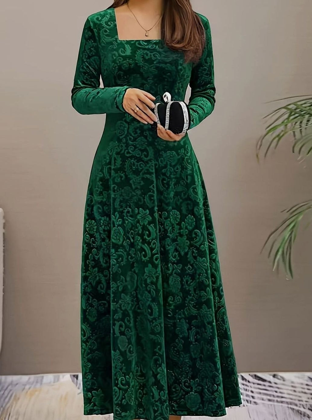 Women's Square Neck Velvet Floral Embossed A-Line Party Dress - Green