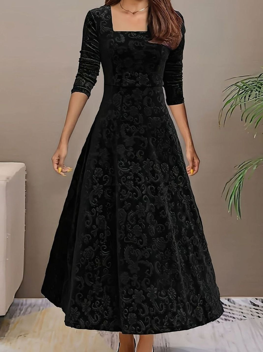 Women's Square Neck Velvet Floral Embossed A-Line Party Dress - Black