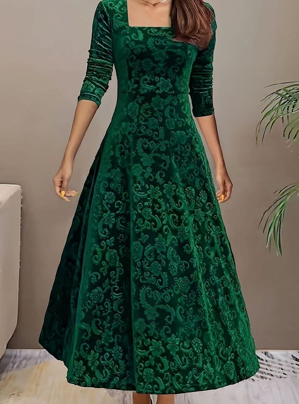 Women's Square Neck Velvet Floral Embossed A-Line Party Dress
