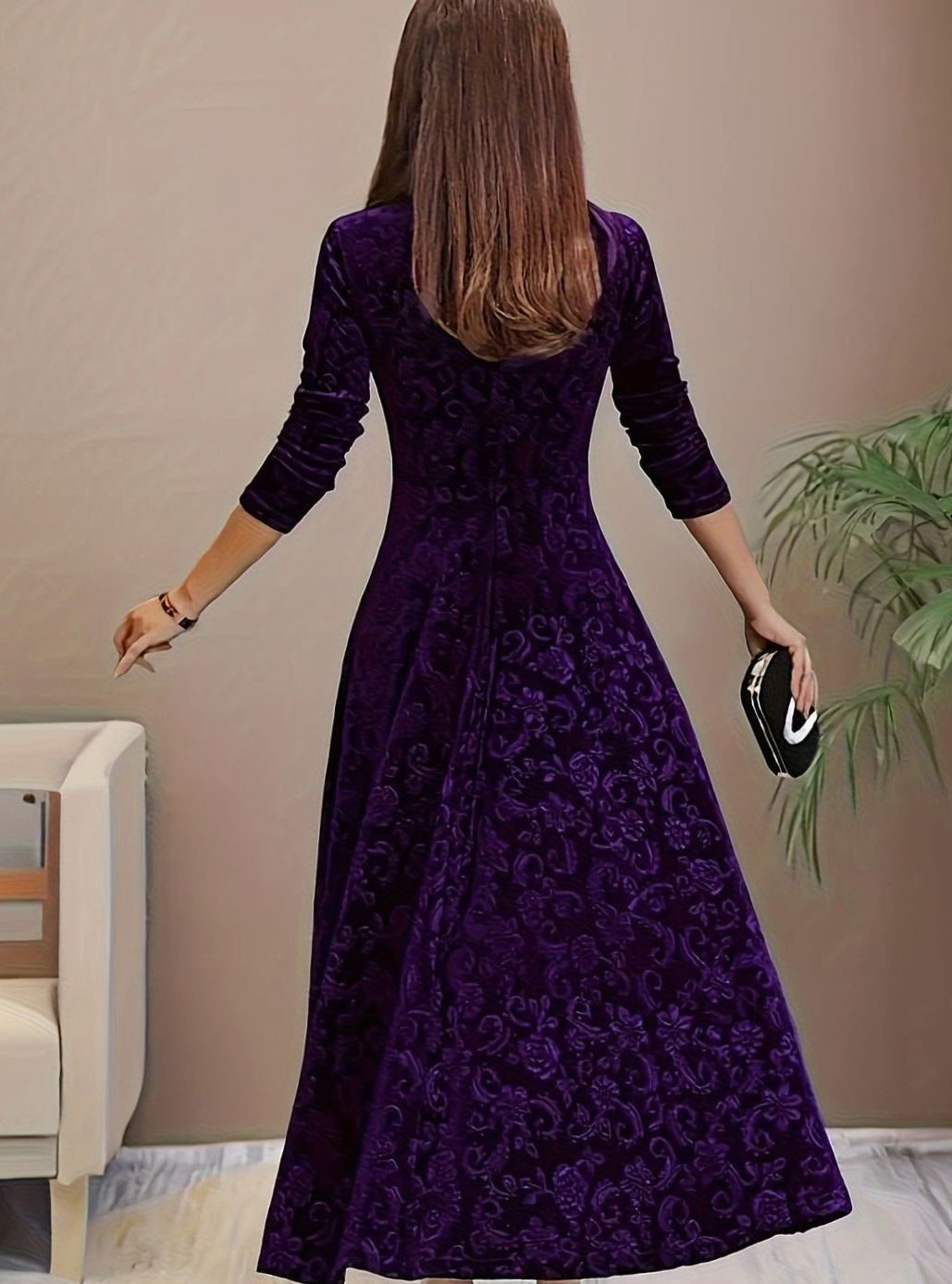 Women's Square Neck Velvet Floral Embossed A-Line Party Dress
