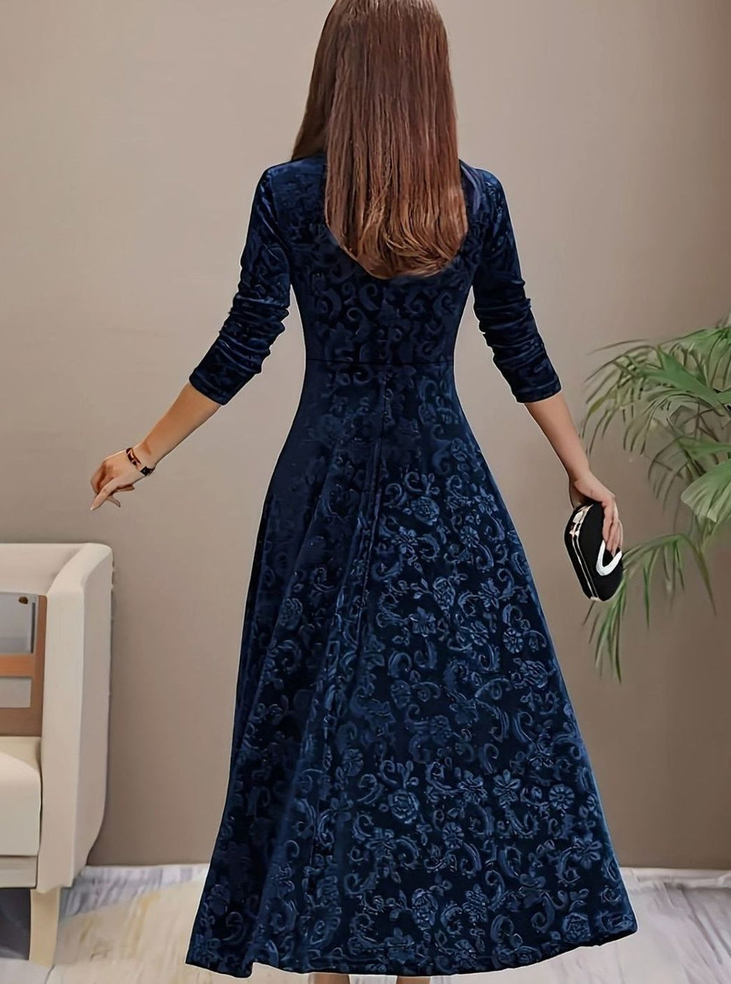 Women's Square Neck Velvet Floral Embossed A-Line Party Dress