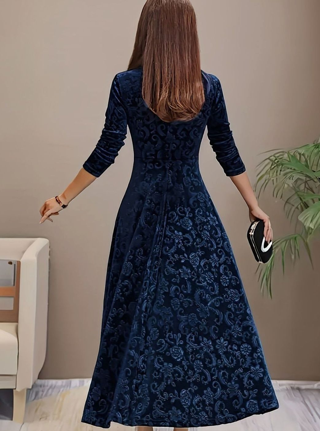 Women's Square Neck Velvet Floral Embossed A-Line Party Dress