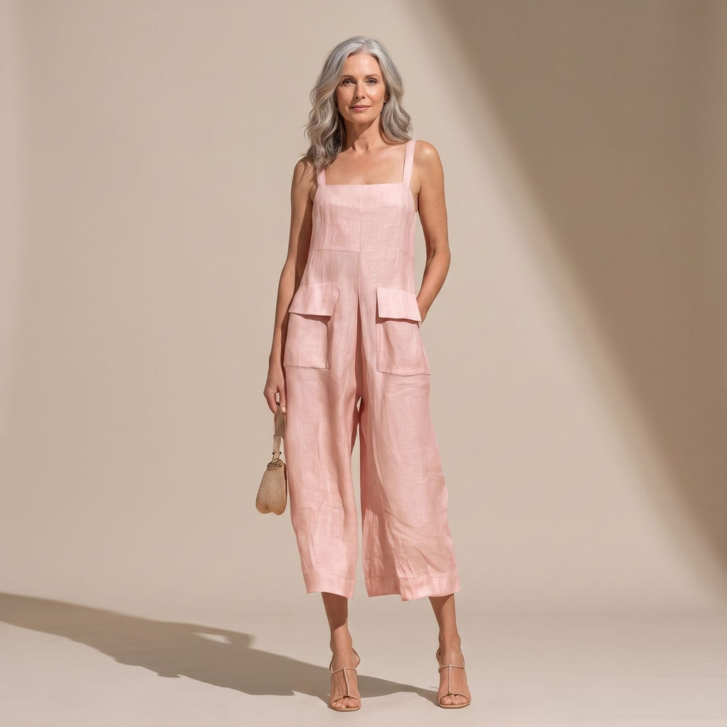 Women's Square Neck Wide Leg Linen Jumpsuit Patch Pockets - Pink