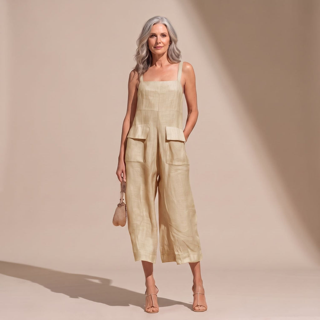Women's Square Neck Wide Leg Linen Jumpsuit Patch Pockets - Beige