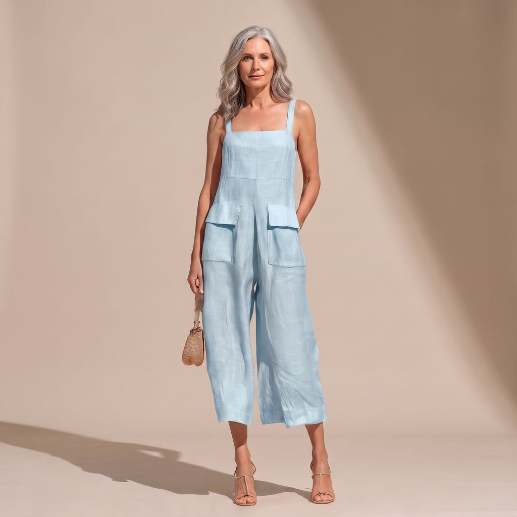 Women's Square Neck Wide Leg Linen Jumpsuit Patch Pockets - Light Blue