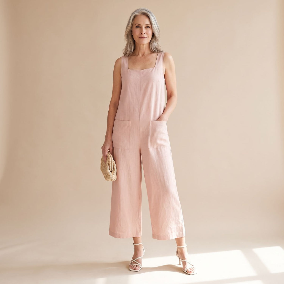 Women's Square Neck Wide Leg Linen Jumpsuit Patch Pockets