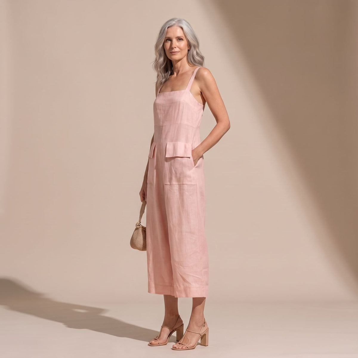 Women's Square Neck Wide Leg Linen Jumpsuit Patch Pockets