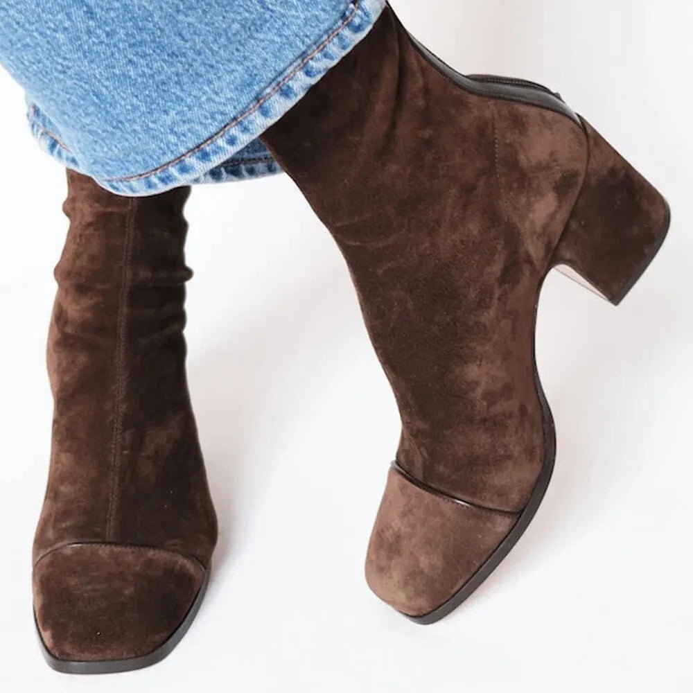 Women's Square-Toe Block-Heel Ankle Boots - Brown