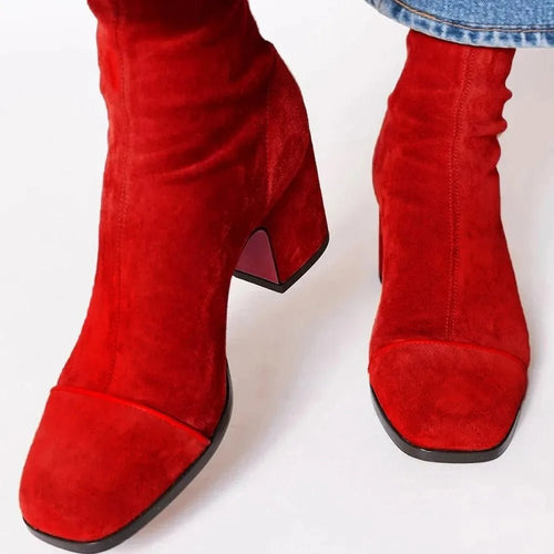 Women's Square-Toe Block-Heel Ankle Boots - Red
