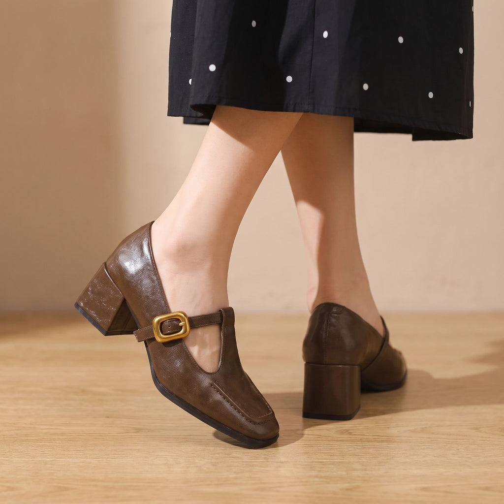 Women's Square-Toe Block-Heel Mary Jane Shoes Buckle Strap - Brown