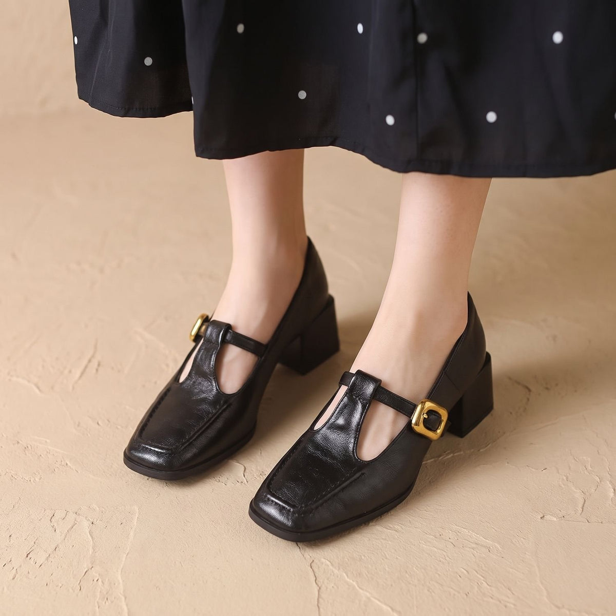 Women's Square-Toe Block-Heel Mary Jane Shoes Buckle Strap - Black