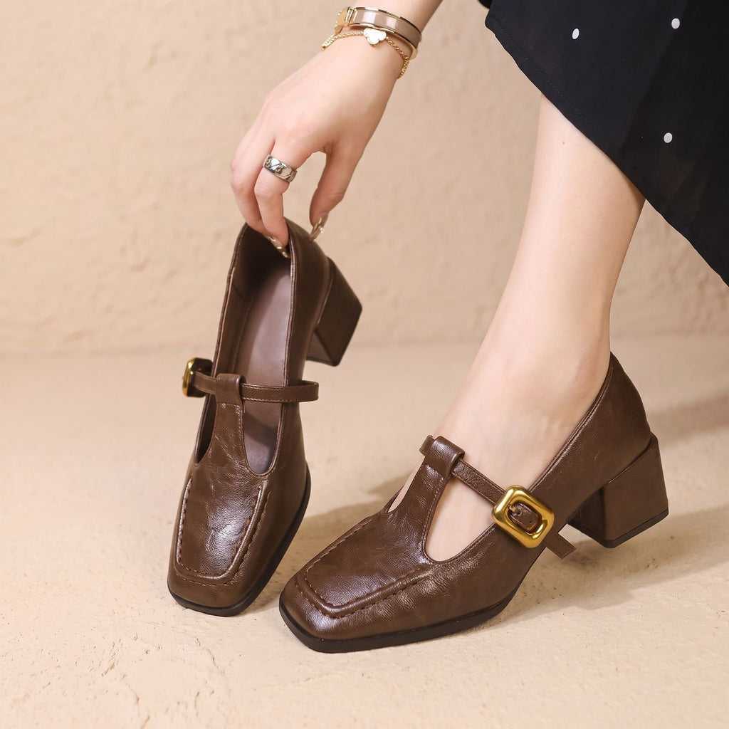 Women's Square-Toe Block-Heel Mary Jane Shoes Buckle Strap