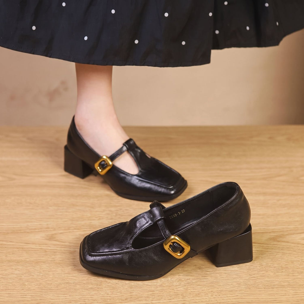 Women's Square-Toe Block-Heel Mary Jane Shoes Buckle Strap