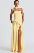 Women's Strapless Asymmetric Formal Evening Maxi Dress High Slit - Yellow