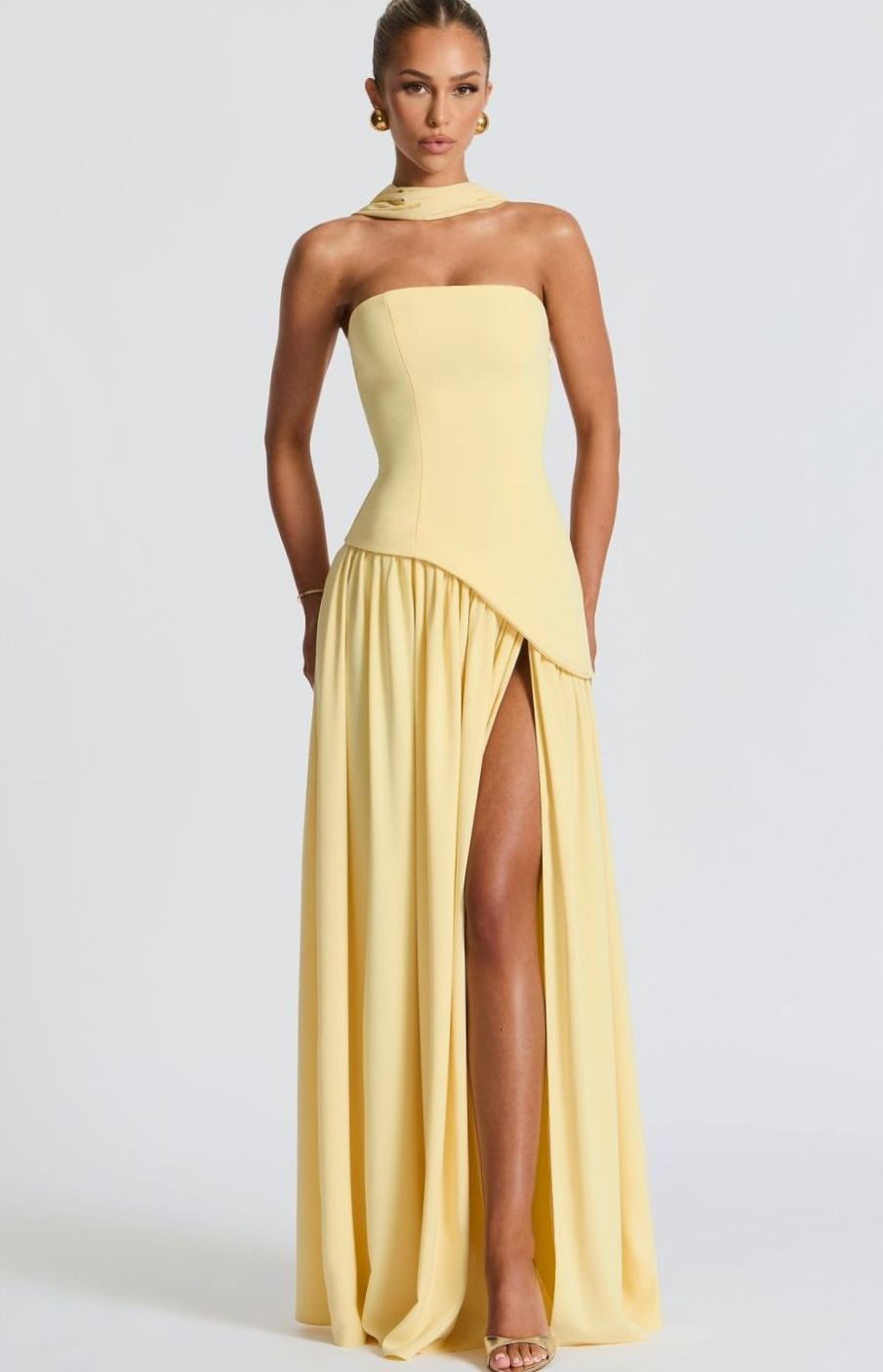 Women's Strapless Asymmetric Formal Evening Maxi Dress High Slit - Yellow