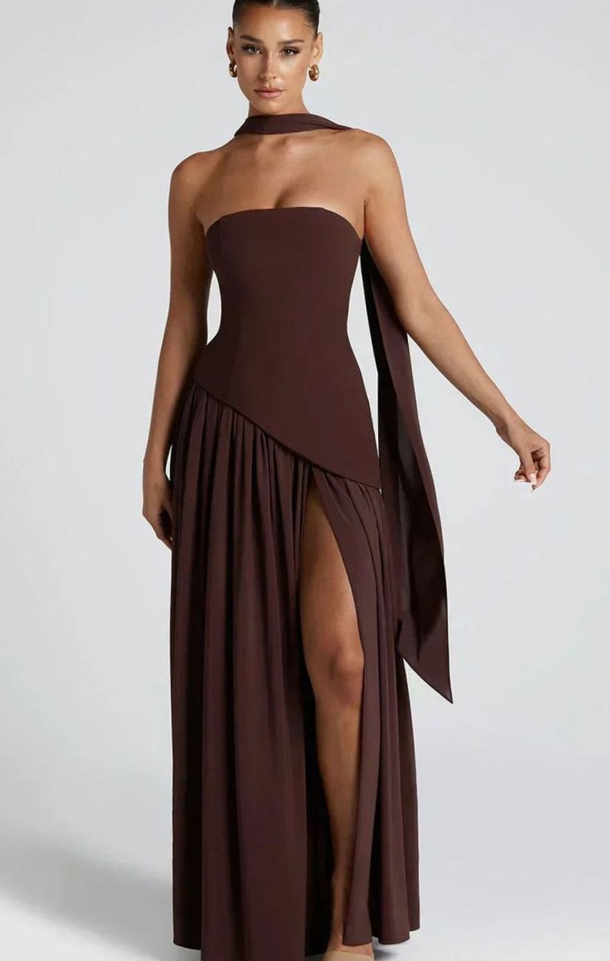 Women's Strapless Asymmetric Formal Evening Maxi Dress High Slit - Brown Purple