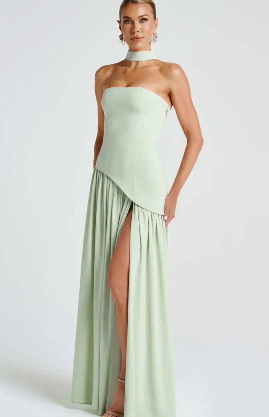 Women's Strapless Asymmetric Formal Evening Maxi Dress High Slit - Mint Green