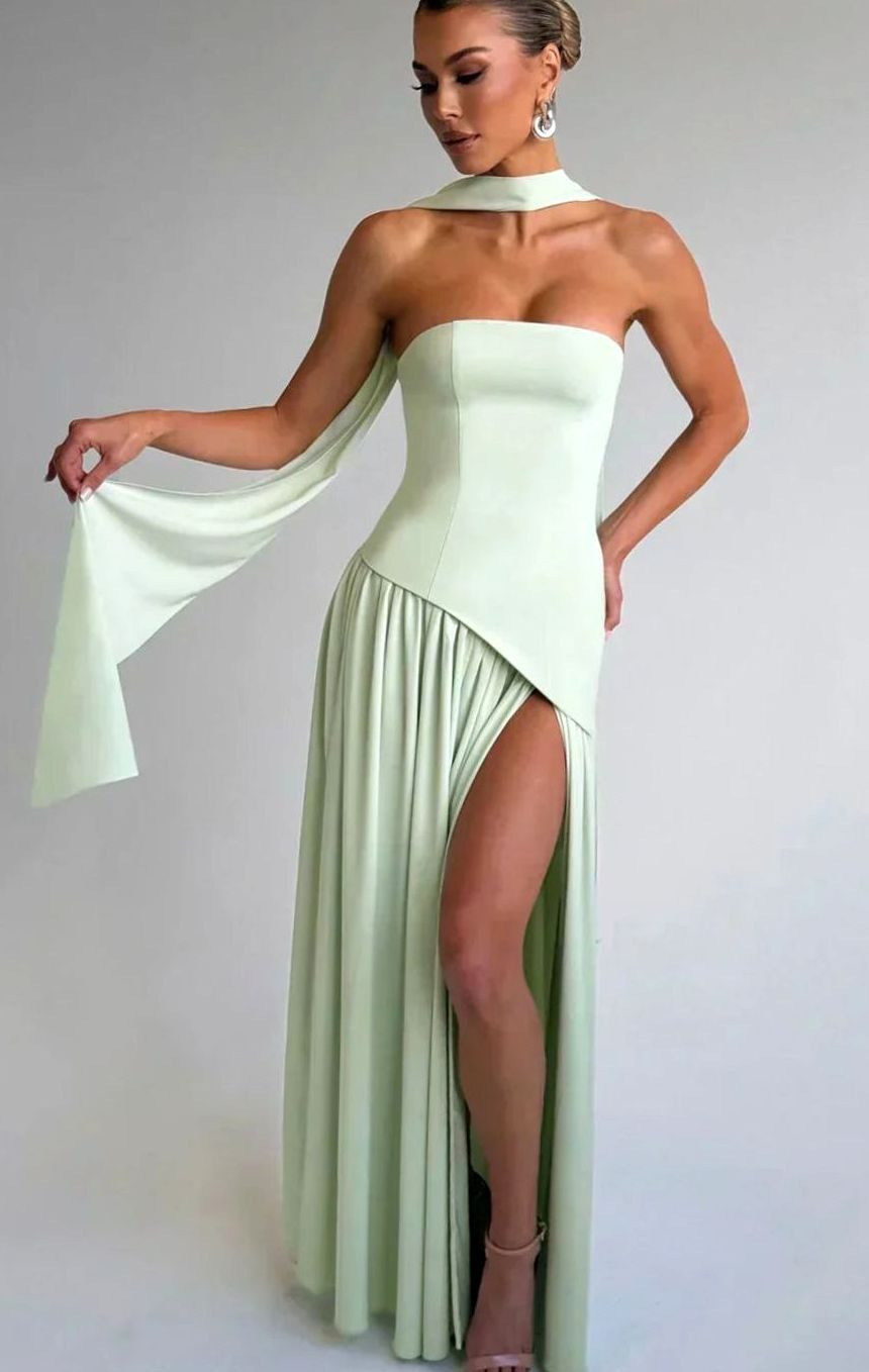 Women's Strapless Asymmetric Formal Evening Maxi Dress High Slit