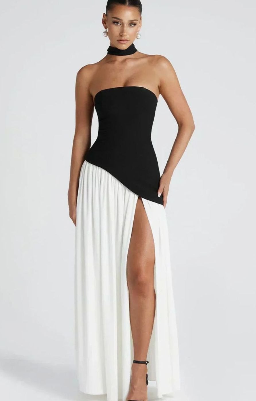 Women's Strapless Asymmetric Formal Evening Maxi Dress High Slit - Black and White