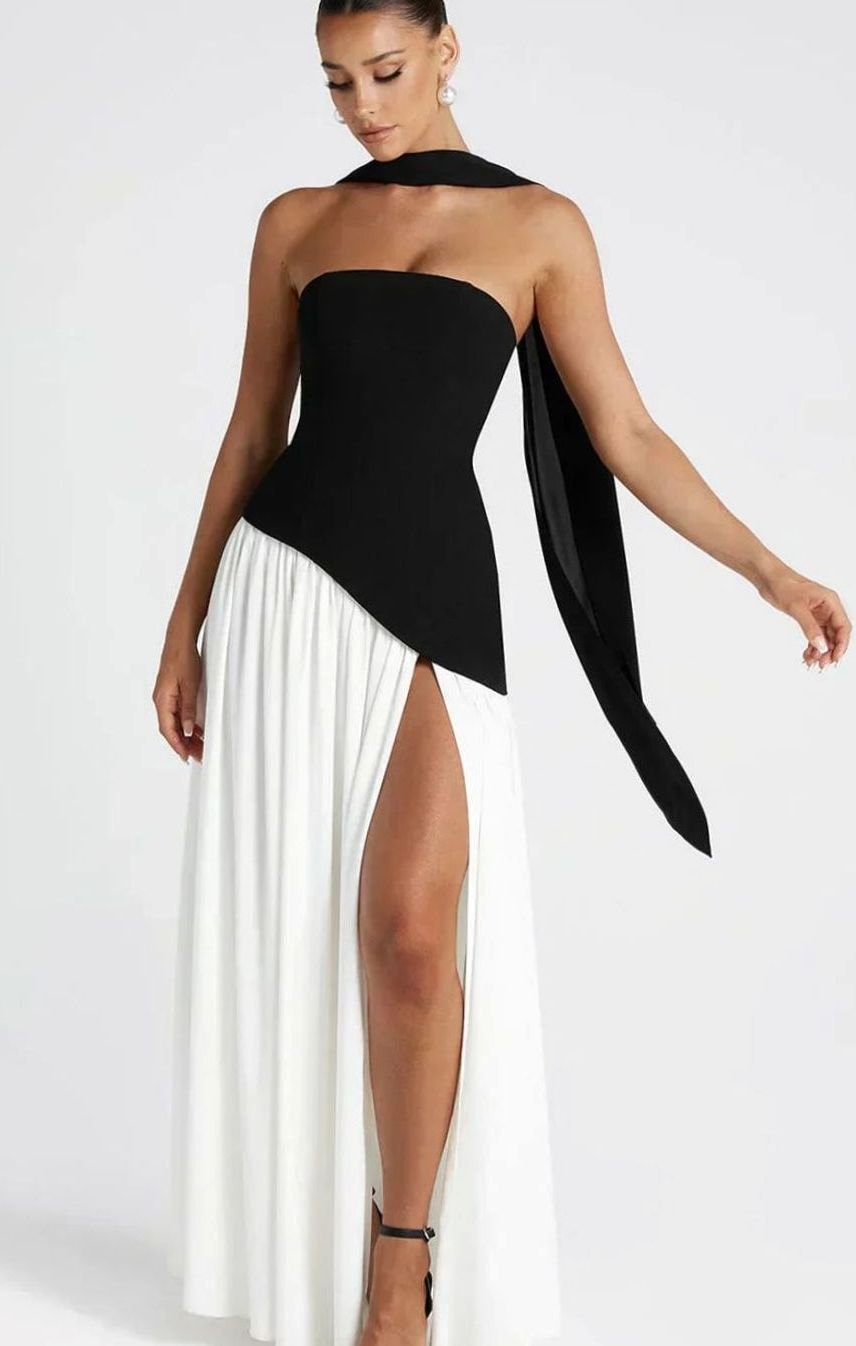 Women's Strapless Asymmetric Formal Evening Maxi Dress High Slit