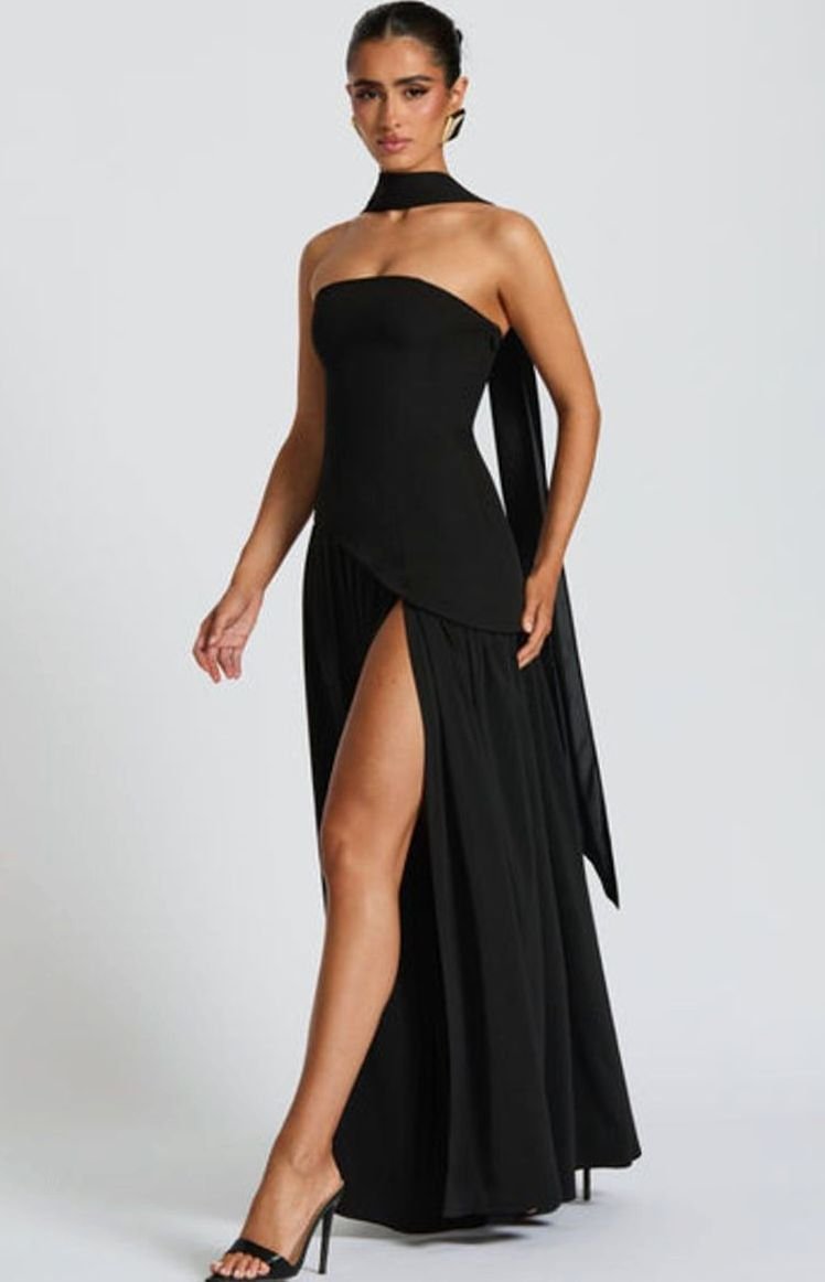 Women's Strapless Asymmetric Formal Evening Maxi Dress High Slit - Black