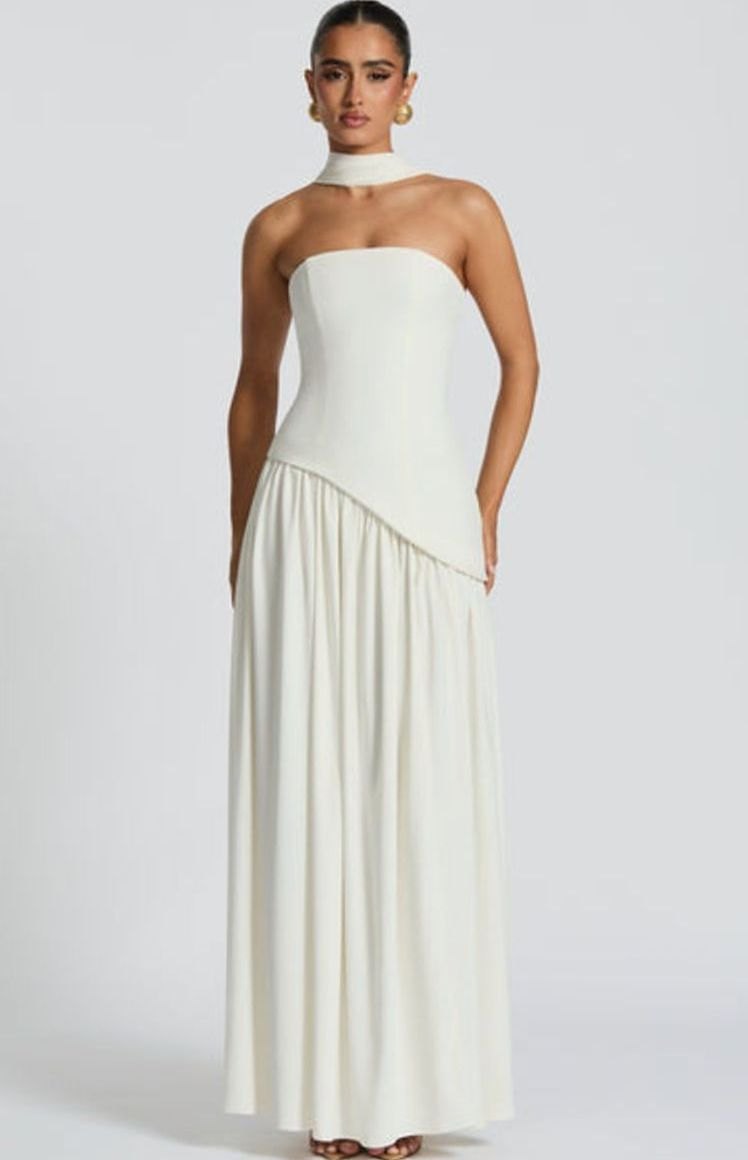 Women's Strapless Asymmetric Formal Evening Maxi Dress High Slit - White