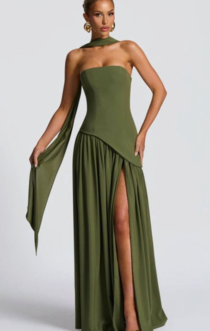 Women's Strapless Asymmetric Formal Evening Maxi Dress High Slit - Green