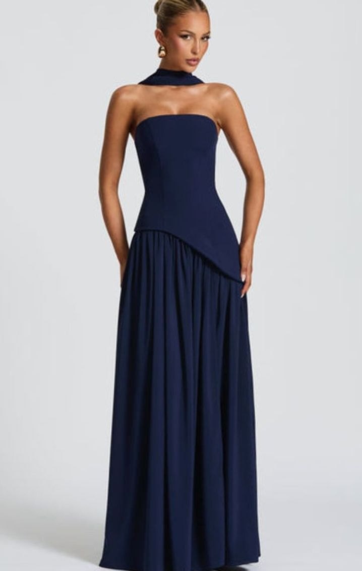 Women's Strapless Asymmetric Formal Evening Maxi Dress High Slit - Navy Blue