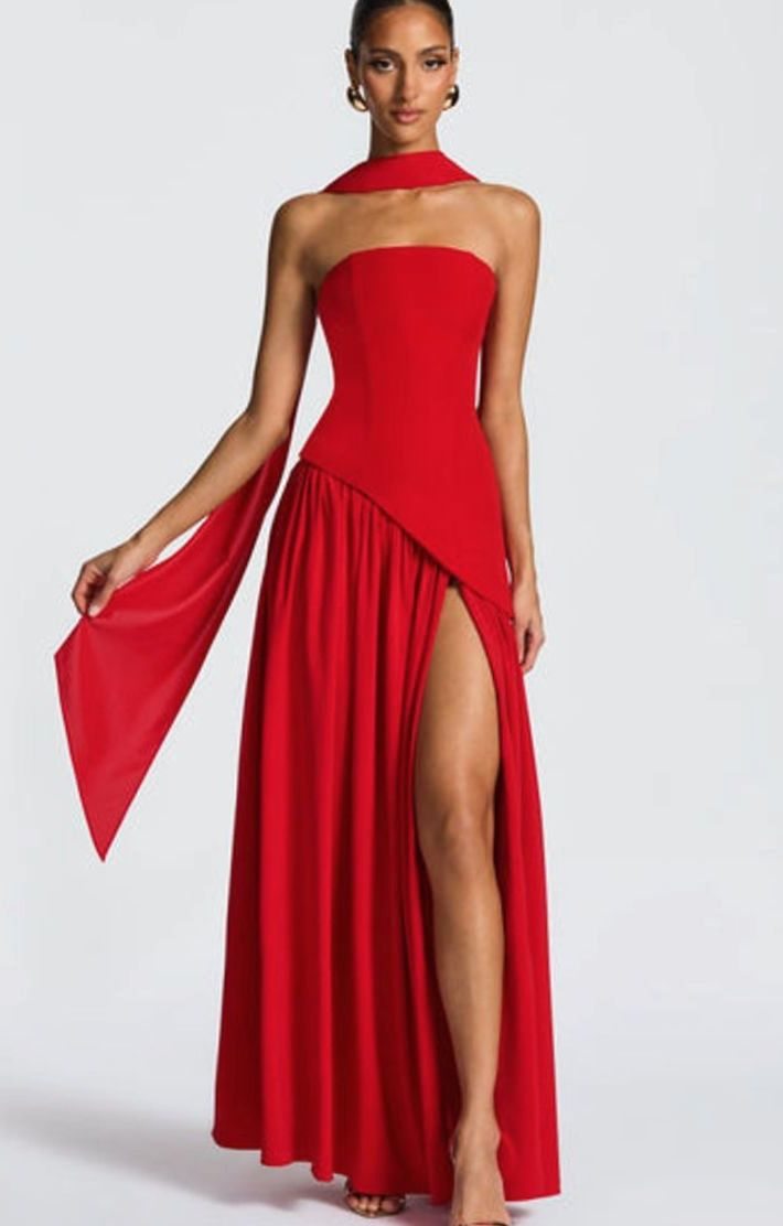 Women's Strapless Asymmetric Formal Evening Maxi Dress High Slit - Red