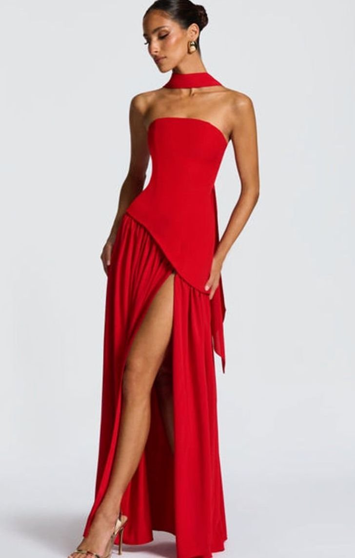 Women's Strapless Asymmetric Formal Evening Maxi Dress High Slit