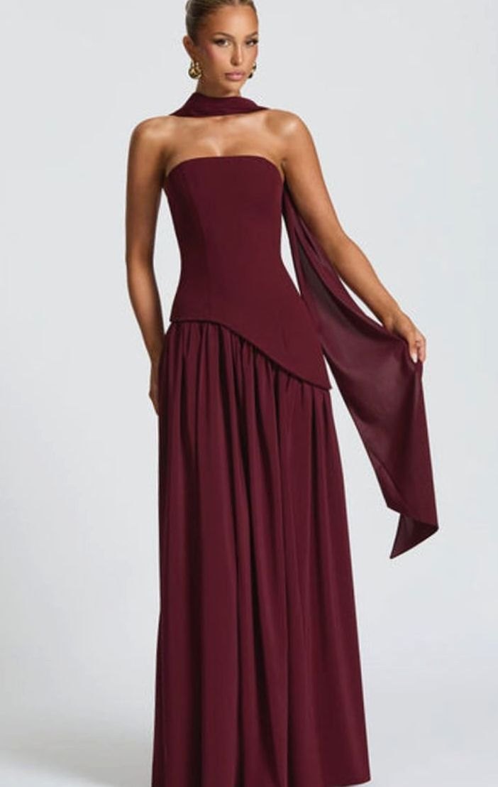 Women's Strapless Asymmetric Formal Evening Maxi Dress High Slit - Burgundy