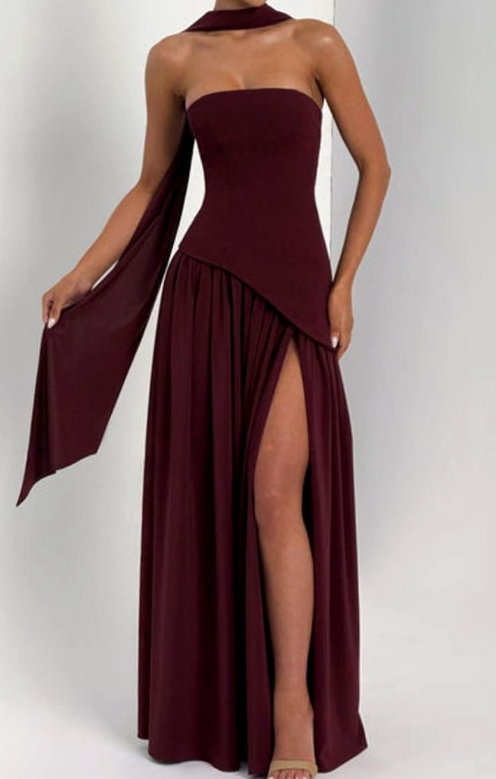 Women's Strapless Asymmetric Formal Evening Maxi Dress High Slit