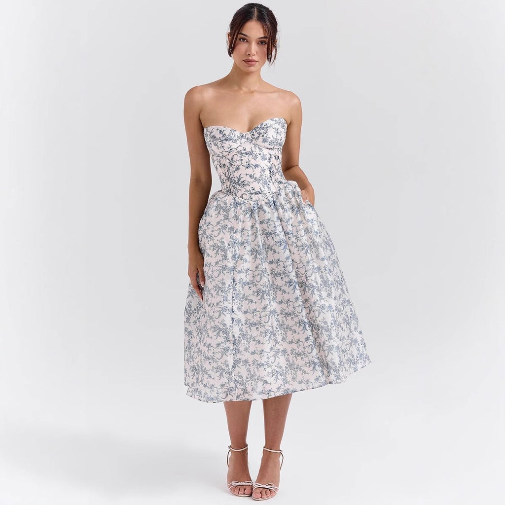 Women's Strapless Corset Satin Midi Cocktail Dress Pleated Skirt - Rose