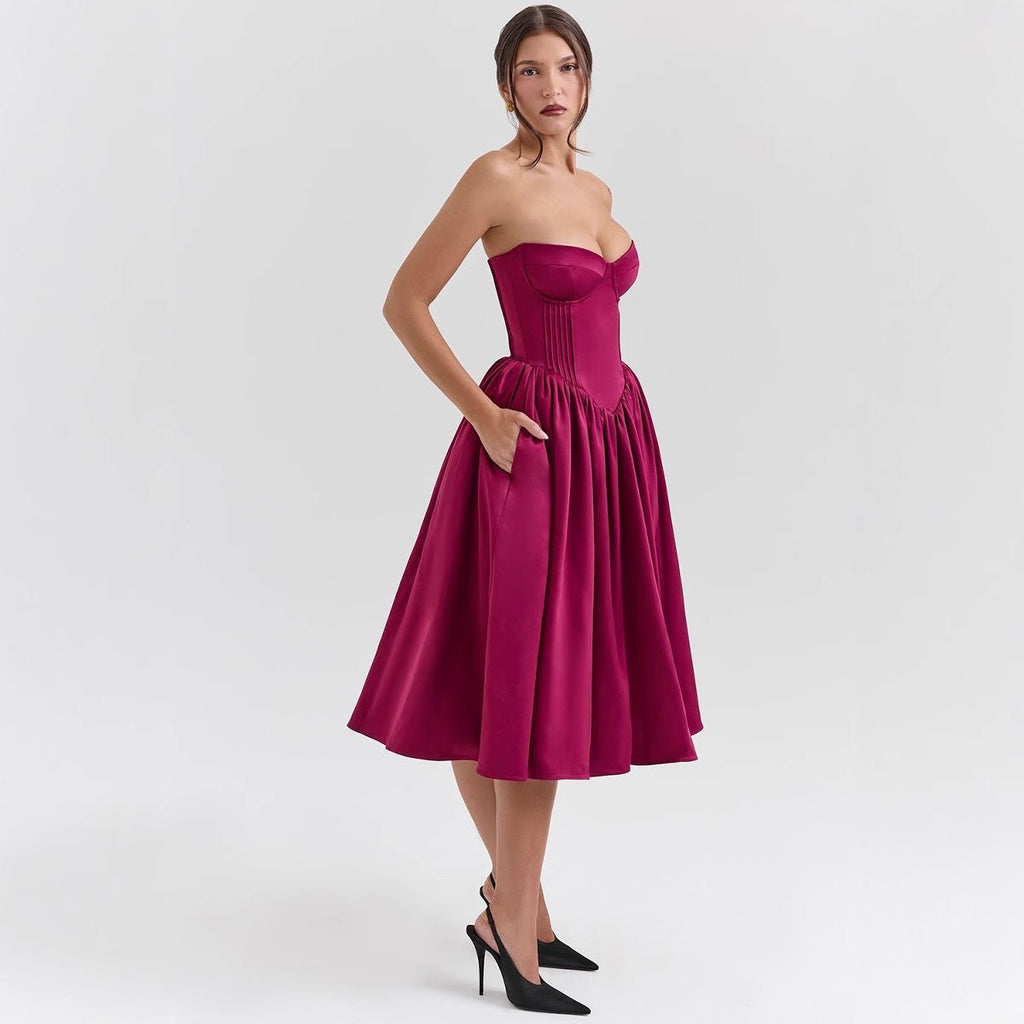 Women's Strapless Corset Satin Midi Cocktail Dress Pleated Skirt - Magenta