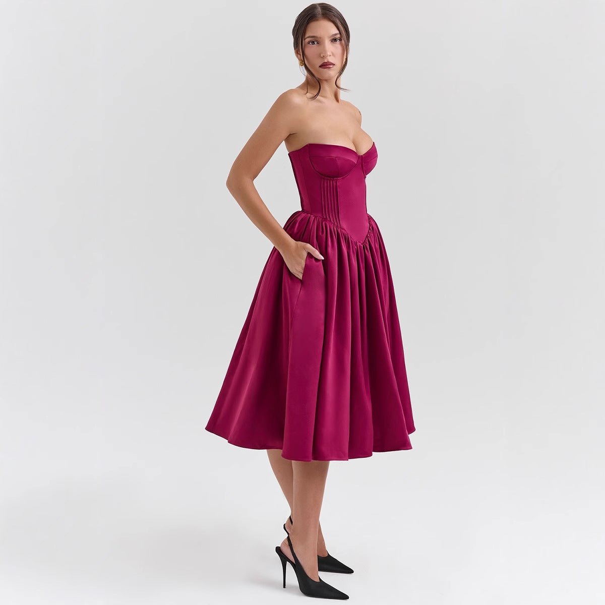 Women's Strapless Corset Satin Midi Cocktail Dress Pleated Skirt - Magenta
