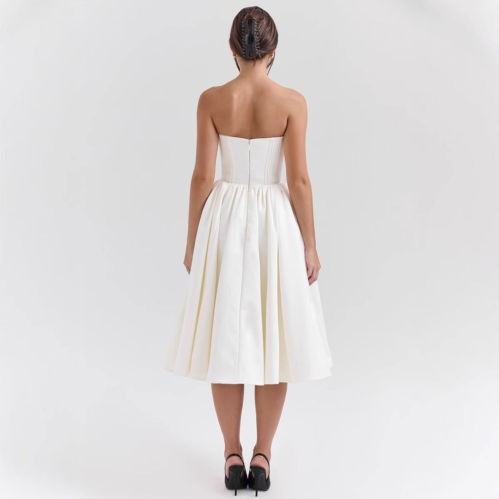 Women's Strapless Corset Satin Midi Cocktail Dress Pleated Skirt