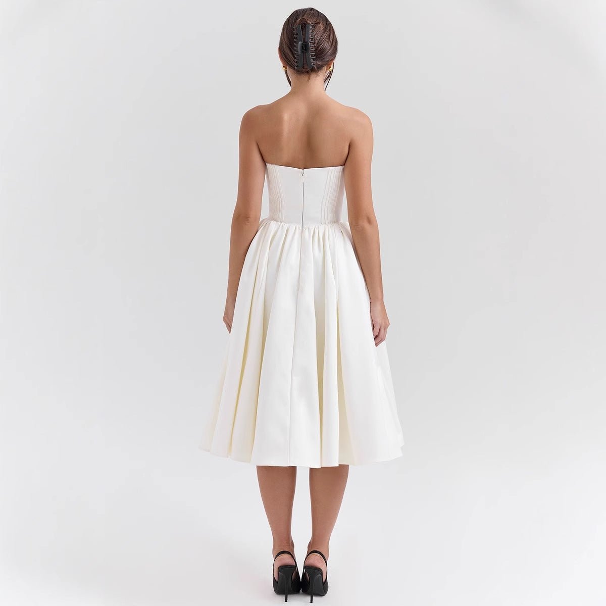 Women's Strapless Corset Satin Midi Cocktail Dress Pleated Skirt