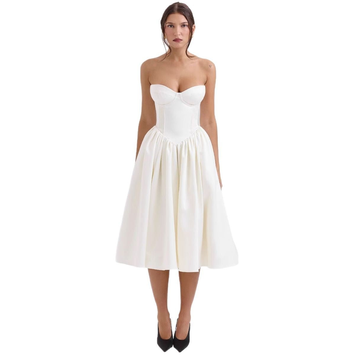 Women's Strapless Corset Satin Midi Cocktail Dress Pleated Skirt