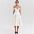Women's Strapless Corset Satin Midi Cocktail Dress Pleated Skirt - White