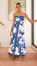 Women's Strapless Maxi Tube Dress Baroque Scrollwork Print - Blue